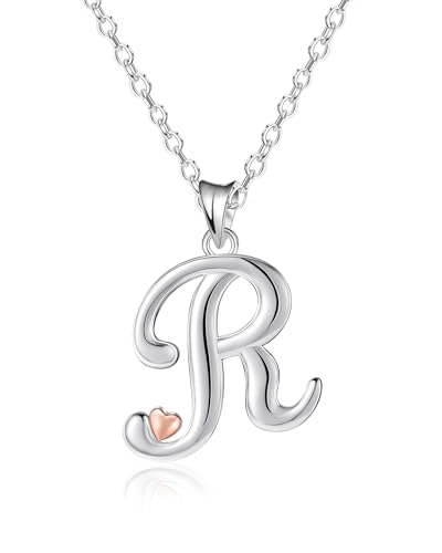 Mesovor 925 Sterling Silver Necklaces for Women, Dainty Initial Name Necklace with Rose Gold Heart, Jewellery Gifts for Family Mother Sister Daughter Wife (Letter-R)