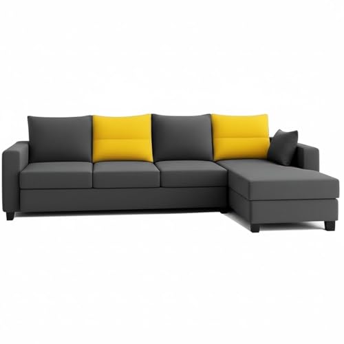 Image of CASASTYLE Texon 5 Seater Fabric RHS L Shape Sofa Set (Yellow-Dark Grey) Velvet Finish Comfortable Sectional Sofa Set