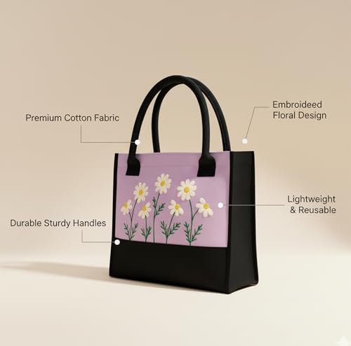Image of Cotton Tote Bag For Woman Stylish | Embroidered Canvas Hand Bag With Floral Design | Casual Shoulder Bag Zipper For College Girls, Office, Daily Use, Travel, Beach, Shopping