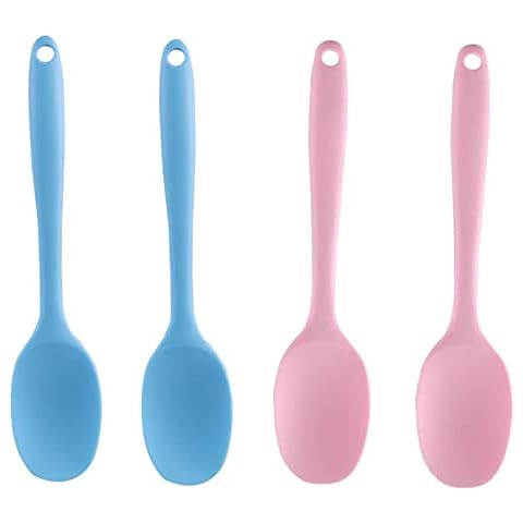 ELEGANTTIN 4 Pcs Silicone Spoon Serving Spoon Nonstick Kitchen Spoon Heat-Resistant Cooking Spoons Kitchen Utensil Set for Stirring Baking Serving Spoon Scooping and Mixing, Blue/Pink, U-1191 Cover