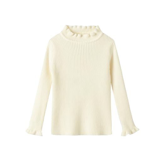 Mud Kingdom Little Girls Mock Neck Sweater Long Sleeve Knit Top Solid Ruffled Collar Undershirt Slim Fit Lettuce Trim Beige Size 7-8