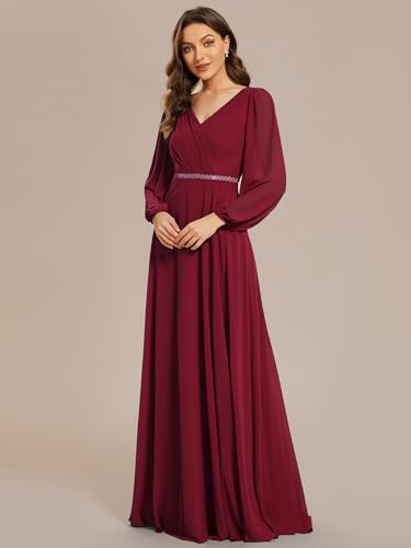 Ever-Pretty Women's Formal Dresses Long Sleeve V Neck Empire Waist A Line Beading Floor Length Wedding Guest Dress 019814