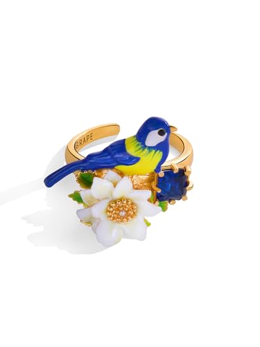 Bird And Flower Enamel Adjustable Ring Handmade Jewelry Gift Juicy Grape