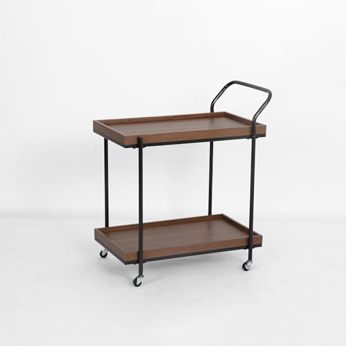 عربة تقديم بعجلات – طابقين خشب مع إطار معدني متين ومقبض مريح – متعددة الاستخدام للمطبخ وغرفة المعيشة – 85×43×70 سم متوفرة بلونين (خشب غامق – Dark Walnut)