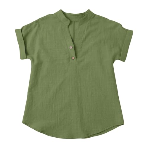 Youth Girls Linen Shirts Summer Casual Button Up V Neck Tunic Blouses 2025 Kids Trendy Plain Short Sleeve Tops Henley Shirt2