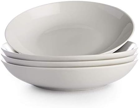 White Pasta Bowls - Set of 4 | Porcelain Serving Dishes | Soup & Cereal Bowl Set | Stackable Bowls | Dishwasher, Oven & Freezer Safe Dinnerware | M&W