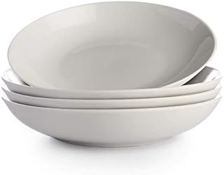 White Pasta Bowls - Set of 4 | Porcelain Serving Dishes | Soup & Cereal Bowl Set | Stackable Bowls | Dishwasher, Oven & Freezer Safe Dinnerware | M&W