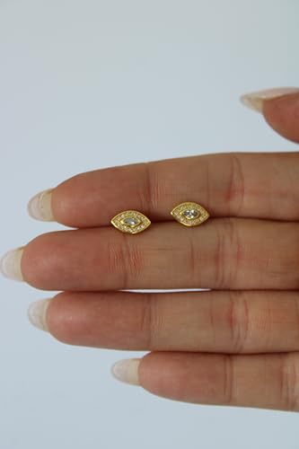 18K Gold Evil Eye Stud Earrings – Dainty White Zircon Protection Jewelry for Women – Hypoallergenic Minimalist Studs by Malibu Sunday3