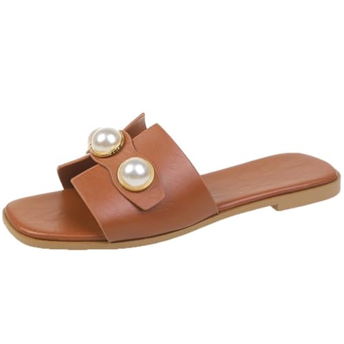 Women's White Flat Sandals with Pearl Open Toe Non-Slip Slippers Fashion Slides for Summer