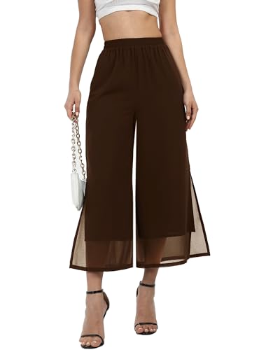 Pantalones de verano estilo capris de pierna ancha para mujer, elegantes, informales, de gasa dividida, Gasa café, XXL