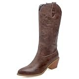  LarDorLin Mujer Puntiagudo Bordado Western Botas de Montar Invierno Comodo Tacón Ancho Media Pierna Cowboy Botín Vintage Dark-Marrón Talla 39 EU (40 Cn)