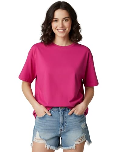 Image of LEOTUDE Women's cotton Oversized Fit Oversized Half Sleeve Tshirt, Round Neck Longline Drop Shoulder Solid T-Shirt