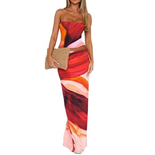 Two Piece Sets for Women Summer, Matching Set Going Out Tube Top Floral Bodycon Maxi Dress 2 Piece Outfits Red Pink L