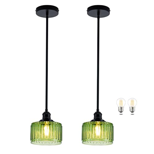 Image of MAYNA 2 Pack Modern Pendant Light with Green Striped Glass Lmapshade, Black Vintage Pendant Light, Adjustable Hanging Light for Kitchen Island Dining Room Hallway(Bulb Included)