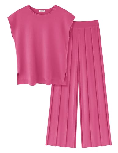 Image of Ekouaer Lounge Sets for Women Two Piece Outfits Knit Cap Sleeve Tops Wide Leg Pleated Pants Casual Dressy Sweater Sets