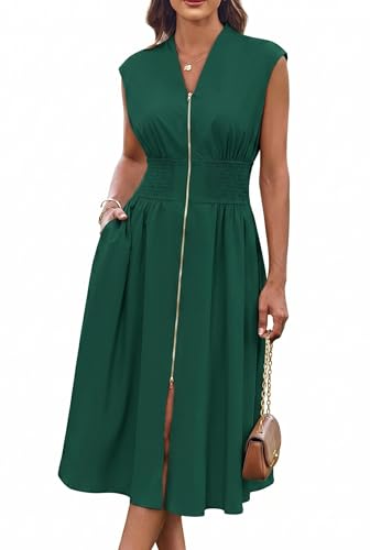 Image of GRACE KARIN Womens Summer Casual Dress, Business Office Work Dresses, Cap Sleeve Zipper Front Flowy Midi Dress with Pockets