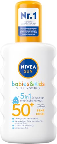 NIVEA SUN Babies & Kids Sensitiv Schutz Sonnenspray LSF 50+ (200 ml), extra wasserfestes Sonnencreme Spray für Kinder… – Ansicht 1