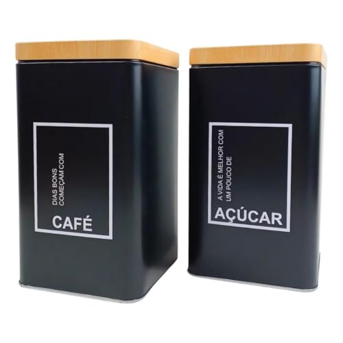 Conjunto de Potes Herméticos para Café e Açúcar Quadrado Metal Preto Fosco com Tampa na Cor Bambu Natural Decorativo Elegante Moderno Sofisticado Resistente e Boa Capacidade de Armazenamento