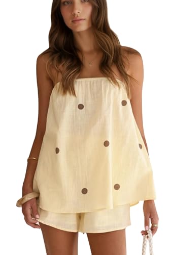 calbatic Polka Dot 2 Piece Shorts Set Summer Lounge Sets Strapless Top and Shorts Matching Airport Travel Vacation Outfits