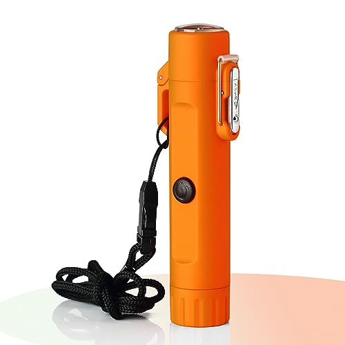 Generic LED Survival Flashlight with Compass, Green, Waterproof, USB Rechargeable, Plasma Lighter, Windproof Design for Camping, Hiking, Outdoor Activities (Orange)