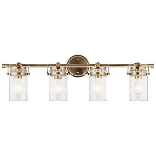 Image of Kichler Brinley 4-Light Bathroom Vanity Light Fixture with Clear Glass in Champagne Bronze, Industrial Farmhouse Style for Mirror Lighting (32.5 inch x 10.25 inch x 6.75 inch), 45690CPZ