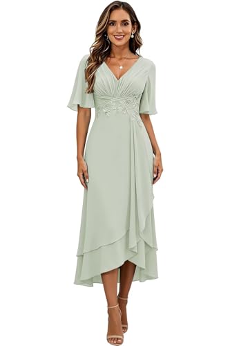 Image of Lace Applique Mother of Bride Dresses Chiffon Mother of the Groom Dresses Tea Length Formal Evening Dress with Sleeve