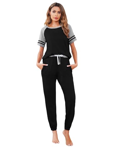 Image of Ekouaer Lounge Sets for Women Two Piece Pajama Set Short Sleeve Crewneck Jogger Outfits and Sweatpants Tracksuit