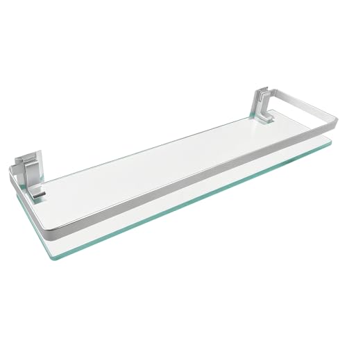 Bathroom Shelf Glass Shelves 23-Inch Floating Tempered Glass Shelf Rectangular Aluminum Wall Mounted Silver Polished Shelves for Kitchen Organizers