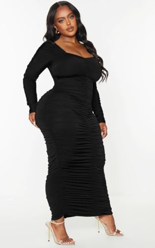LAGSHIAN Womens Sexy Plus Size Long Sleeve Bodycon Ruched Square Neck Party Long Dress3