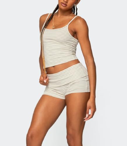 Women 2 Piece Striped Pajama Set Y2k Sleeveless Cami Tank Top and Fold Over Shorts Lounge Set Sleepwear3