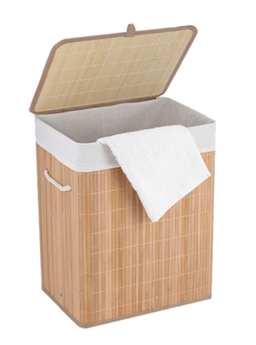 BM Cesto Portabiancheria Rettangolare in Bambù con Coperchio e Sacco Interno Rimovibile – Cesto per Biancheria Sporca 40x30x50 cm (Rettangolare)