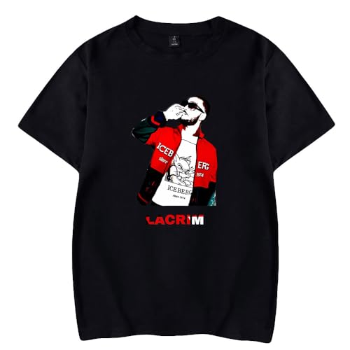 Lacrim T-shirt col rond à manches courtes pour homme et femme Impression décontractée Mode Tour Hip Hop Streetwear, Noir-HL13004, L