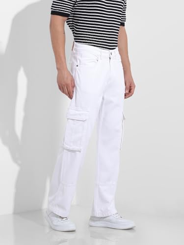 Image of The Indian Garage Co Men Relaxed Fit Solid Mid-Rise Cargo Denim