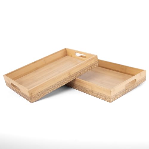 Juego de Bandejas de Madera 2 Piezas con Asas - Bandeja Grande Rectangular para Servir Comidas