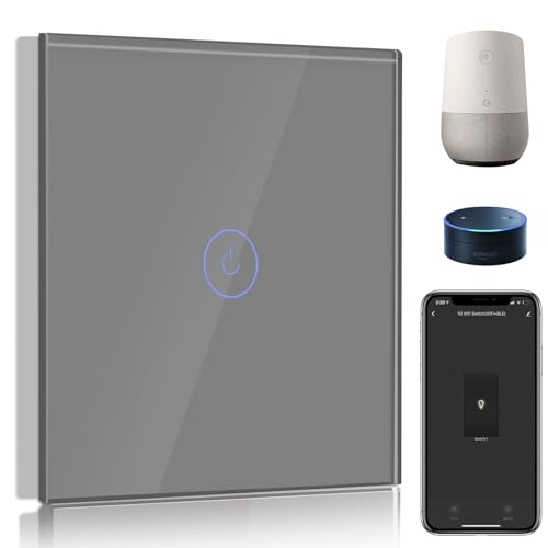 BSEED Smart Light Switch Grey,Compatible with Alexa and Google Home,1 Gang 1 Way WiFi Touch Switch,2 Way or Multi-Way Control by SmartLife APP,Alexa Switch with LED Indicator Light-Neutral Wire Need