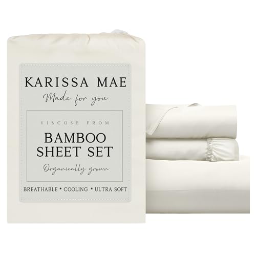 Image of KARISSA MAE Luxury Bamboo Viscose Twin Size Sheet Set | FSC Certified | Cooling | Ultra Soft | 18 inch Deep Pockets | Elastic Corner Straps | Includes Organizer Band [Ivory]