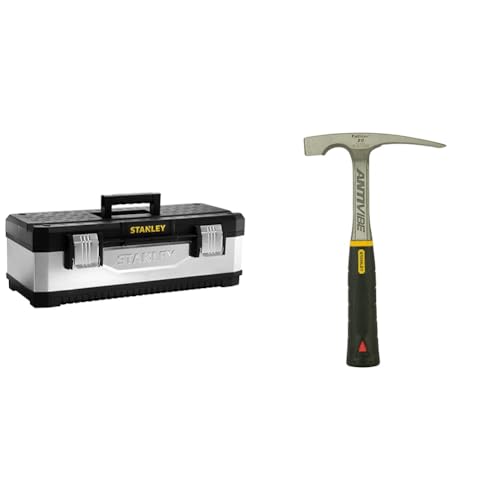 STANLEY Galvanised Toolbox Chest with Heavy Duty Metal Hinge, Portable Tote Tray for Tools and Small Parts, 26 Inch, 1-95-620 & 1-54-022 FatMax AntiVibe Brick Hammer, 20 oz, Black/Silver