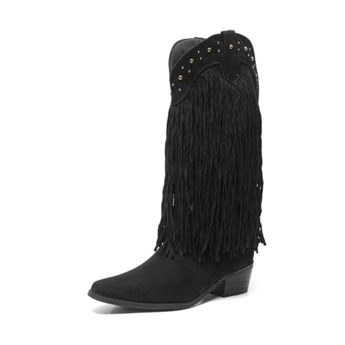 Amoji Women Western Cowboy Boots Pointed Toe Cowgirl Knee High Boots Pull On With Zipper 307