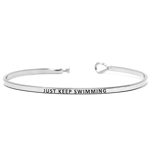 Me Plus Inspirational Bracelets For Personalized Gifts Positive Message Engraved Thin Bangle Hook Bracelet (Just Keep Swimming - Silver) #TOP1