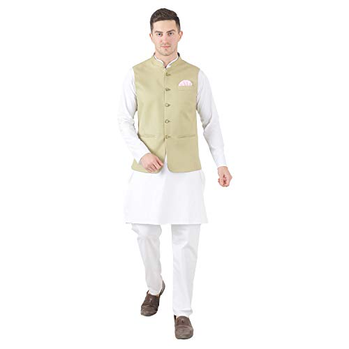 Image of TAHVO Men's Nehru Jacket /Waistcoat /Modi Jacket Cotton Fabric /Men 's 5 Button Nehru Jacket with Hanky Kurta Set