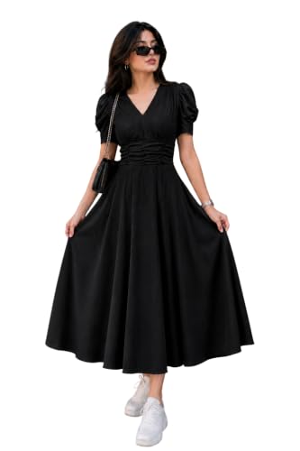 Image of Preneum Girl's & Women's Solid Color V-Neck A-Line Maxi Dress for Women | New Year Party Outfit | Waist Cinched Puff Sleeve Western | Elegant Casual Wear (Availble in Plus Size)