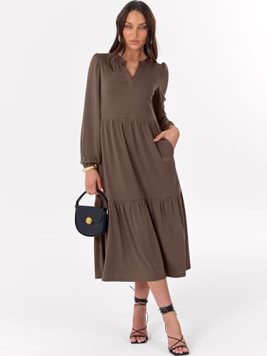 ANRABESS Women's Long Sleeve Maxi Dresses 2025 Fall Casual V Neck Flowy Tiered Boho Modest Trendy Vacation Dress with Pockets2