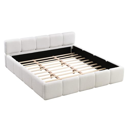 Image of Harper & Bright Designs Boucle Platform Bed with Thick Headboard, King Size Platform Bed Frame with Wood Sturdy Slats Support for Guest Room Bedroom, Space Saving, White