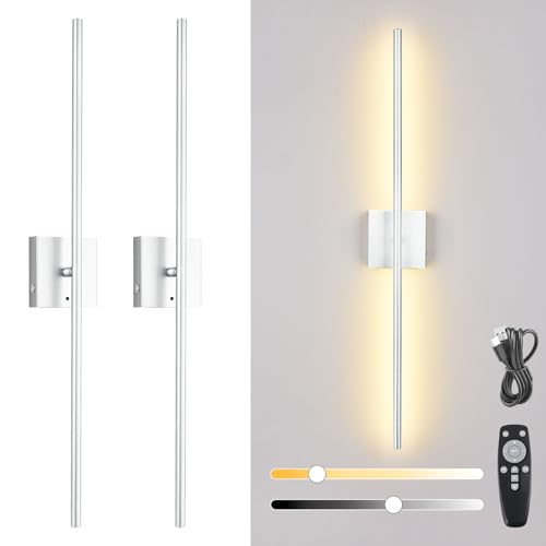 Akku Wandleuchte Innen mit Fernbedienung, 2 Stück, USB aufladbare Wandlampe Touch, 8000mAh Batterie, 3000K-6000K, LED dimmbare Wandleuchte ohne stromanschluss mit Timer, 360° drehbar, Silber, 80CM