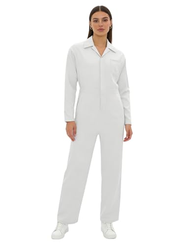 Lejafay Womens Long Sleeve Coveralls Lightweight Mechanic Jumpsuits Utility Work Overalls with Pockets White Small