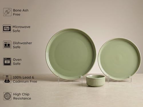 Image of Bodhi House 6-Piece Ribbed Porcelain Dinner Set for 2 with 2 Dinner Plates, 2 Quarter Plates & 2 Katori, Microwave & Dishwasher Safe, Chip Resistant Crockery Set for Home, Dining & Gifting, Tea Green