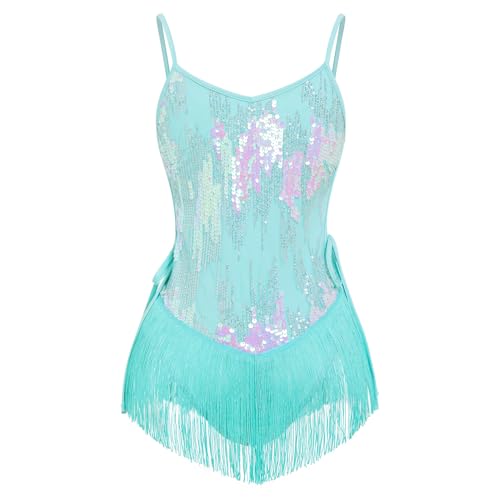 EFOGEP Damen Latein Tanz Pailletten Fransen Bodysuit Sparkly Quaste Lace Up Leotard Sexy Festival Rave Konzert Cocktail Party Outfits Grün S