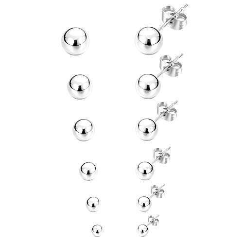  Fu You 6 Pares Acero Inoxidable Pendientes pour Hombre Mujer Niña, Pendientes Hombre Plata, Pendientes Mujer Plata Pequeños, Pendientes Plata Hombre, Pendientes Bola Hombre Mujer Aretes Plata 3MM-8MM