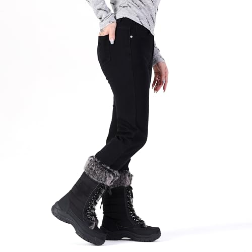 Image of AUSLAND Women's Black Winter Snow Boots Twin Peaks Fur Cuff Mid-Calf Waterproof Lace Up Boots