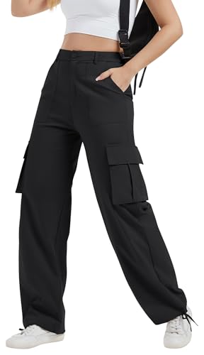 AVAMO Cargo Pants for Women with Pockets High Waist Lightweight Stretchy Hiking Casual Streetwear Baggy Wide Leg Pants